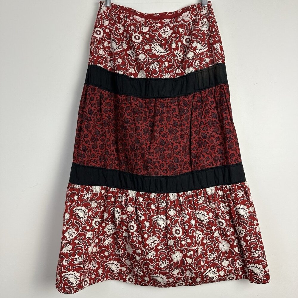 Vintage Apostrophe Maxi‎ Skirt 6 Peasant Tiered Red Floral Cottage Boho Fairy